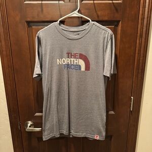 The North Face Men's Short Sleeve Tee in Gray with Retro Red, Cream & Blue Logo